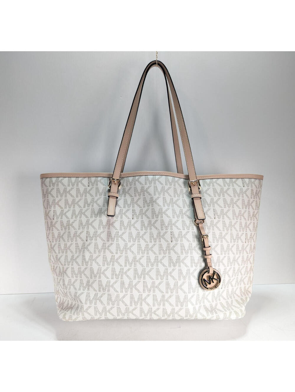 MICHAEL KORS Jet Set MK Signature Zip Tote Vanilla Gold Charm Authentic Handbag